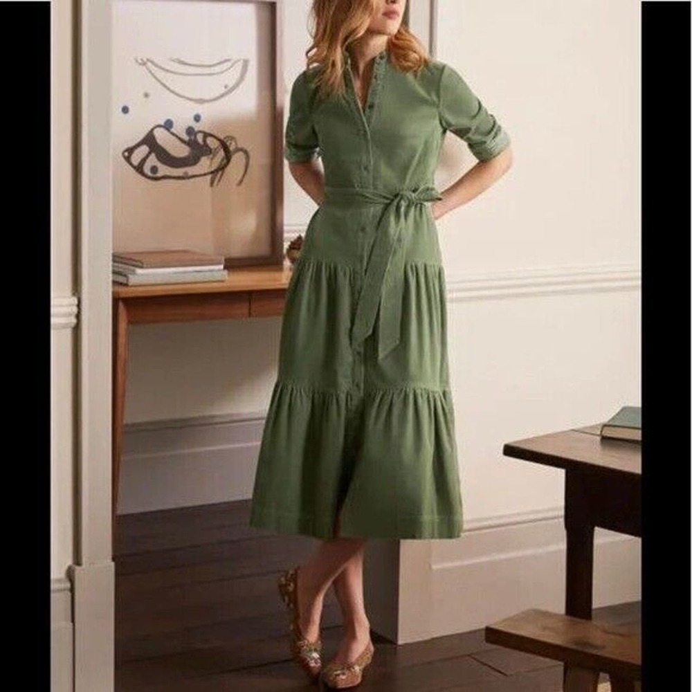 Boden Ellen Tiered Corduroy Midi Shirt Dress Olive Green US 12R cottagecore